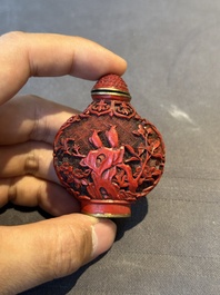 A Chinese carved turquoise snuff bottle and two red lacquer snuff bottles, Qianlong mark, 19/20th C.