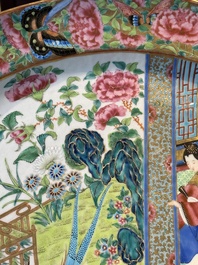 A Chinese Canton famille rose dish with a lady, servant and pheasants, 19th C.