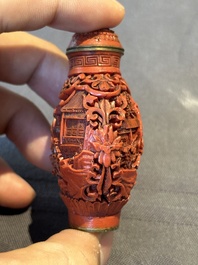 A Chinese carved turquoise snuff bottle and two red lacquer snuff bottles, Qianlong mark, 19/20th C.
