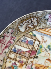Two Chinese Canton famille rose 'mandarin subject' plates and a saucer, Qianlong