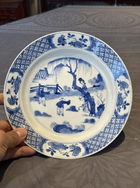 Three Chinese blue and white plates with figural design, Chenghua and Kangxi mark, Kangxi