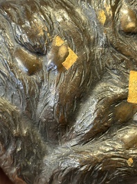 A Japanese bronze okimono with three monkeys, Yoshinobu seal mark, Meiji period