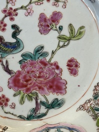 Six Chinese famille rose 'peacock and flowers' plates, Yongzheng