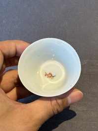 Five Chinese famille rose cups and saucers with horses, birds and flowers, Yongzheng/Qianlong
