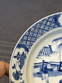 Three Chinese blue and white plates with figural design, Chenghua and Kangxi mark, Kangxi