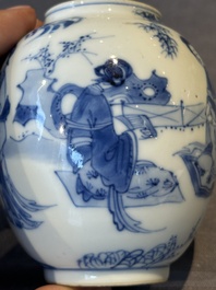 A Chinese blue and white tea caddy and cover with ladies playing music, Kangxi