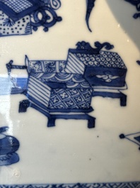 A fine Chinese blue and white 'landscape and antiquities' bowl with silver handles, Kangxi