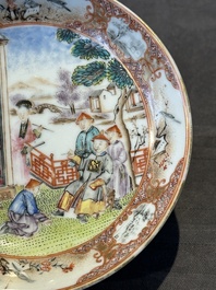Two Chinese Canton famille rose 'mandarin subject' plates and a saucer, Qianlong
