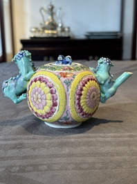 A Chinese famille rose 'Buddhist lion' teapot and cover, Yongzheng