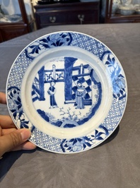 Two Chinese blue and white plates with figural design, Wanli and Kangxi mark, Kangxi