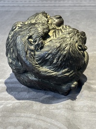 A Japanese bronze okimono with three monkeys, Yoshinobu seal mark, Meiji period