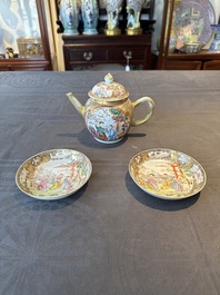 A Chinese Canton famille rose 'mandarin subject' covered teapot and a pair of saucers, Qianlong
