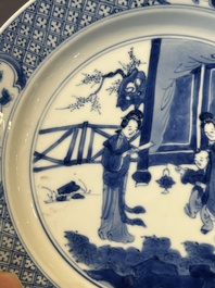 Three Chinese blue and white plates with figural design, Chenghua and Kangxi mark, Kangxi