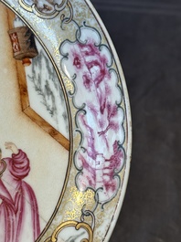 Two Chinese Canton famille rose 'mandarin subject' plates and a saucer, Qianlong