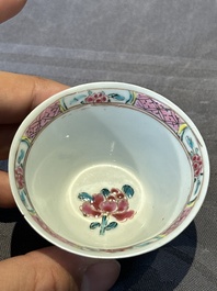 Two pairs of Chinese famille rose cups and saucers with pheasants and roosters, Yongzheng/Qianlong