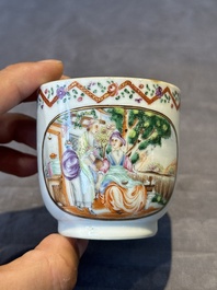 Three Chinese export famille rose 'European subject' cups and two saucers, Qianlong