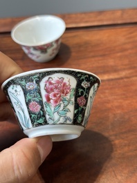 Nine Chinese famille rose cups and eight saucers, Yongzheng/Qianlong