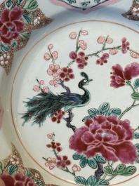 Six Chinese famille rose 'peacock and flowers' plates, Yongzheng