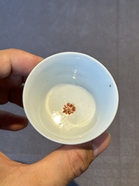 Five Chinese famille rose cups and saucers with horses, birds and flowers, Yongzheng/Qianlong