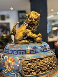 A pair of Chinese cloisonn&eacute; censers with covers and stands, 19/20th C.