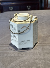 A hexagonal Chinese grisaille covered wine jug and warmer, signed Xinan Xushan 新安旭山, Guangxu mark, 19th C.