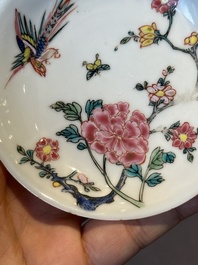 Five Chinese famille rose cups and saucers with horses, birds and flowers, Yongzheng/Qianlong