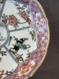 A Chinese famille rose cup and saucer with figures and animals, Yongzheng