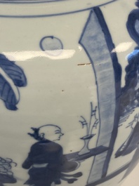 A Chinese blue and white 'Jia Guan Jin Jue 加官晉爵' vase and cover, Transitional period
