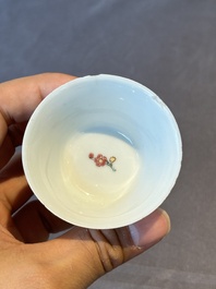 Five Chinese famille rose cups and saucers with horses, birds and flowers, Yongzheng/Qianlong
