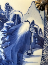 A fine Chinese blue and white 'landscape and antiquities' bowl with silver handles, Kangxi