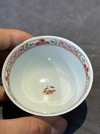 Two pairs of Chinese famille rose cups and saucers with pheasants and roosters, Yongzheng/Qianlong