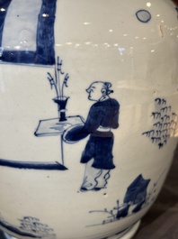 A Chinese blue and white 'Jia Guan Jin Jue 加官晉爵' vase and cover, Transitional period