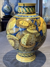 A large Italian maiolica drug jar with trophies, Casteldurante, 2nd half 16th C.