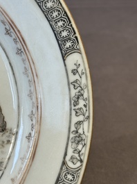 A Chinese rose-grisaille plate with Luohan, a dragon and a tiger, Yongzheng/Qianlong