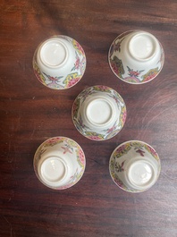 Five Chinese famille rose cups and six saucers with floral decor, Yongzheng/Qianlong
