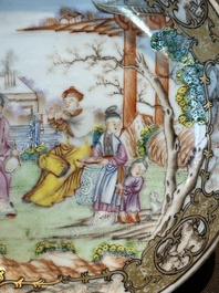 A Chinese Canton famille rose 'mandarin subject' covered teapot and a pair of saucers, Qianlong