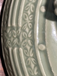 A large Chinese Longquan celadon 'trigrams' censer on wooden stand, Ming
