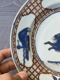 A pair of Chinese 'leaping pekinese' plates, possibly after a design by Cornelis Pronk, Qianlong, ca. 1740