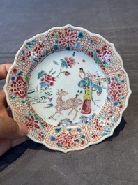 Three Chinese famille rose flower-shaped 'He Xiangu' plates, Yongzheng