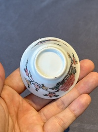 Five Chinese famille rose cups and saucers with horses, birds and flowers, Yongzheng/Qianlong