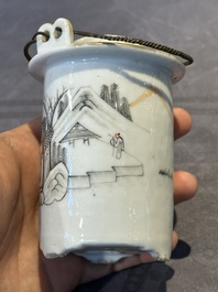 A hexagonal Chinese grisaille covered wine jug and warmer, signed Xinan Xushan 新安旭山, Guangxu mark, 19th C.