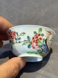 Two pairs of Chinese famille rose cups and saucers with pheasants and roosters, Yongzheng/Qianlong