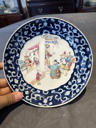 Two Chinese Canton famille rose 'mandarin subject' plates and a saucer, Qianlong