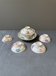 A Chinese famille rose 'Wu Shuang Pu' bowl with cover, a saucer and four covers, Daoguang/Xianfeng