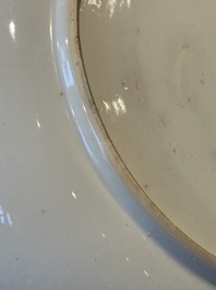 Two Chinese Canton famille rose 'mandarin subject' plates and a saucer, Qianlong