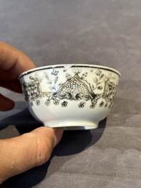 Four Chinese grisaille cups and saucers and a plate with blue-enamelled border, Qianlong