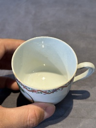 Three Chinese export famille rose 'European subject' cups and two saucers, Qianlong