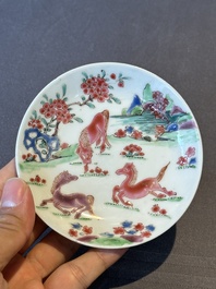 Five Chinese famille rose cups and saucers with horses, birds and flowers, Yongzheng/Qianlong