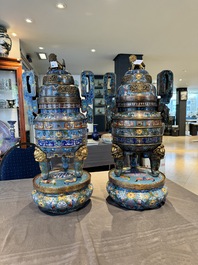 A pair of Chinese cloisonn&eacute; censers with covers and stands, 19/20th C.