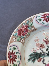 Six Chinese famille rose 'peacock and flowers' plates, Yongzheng
